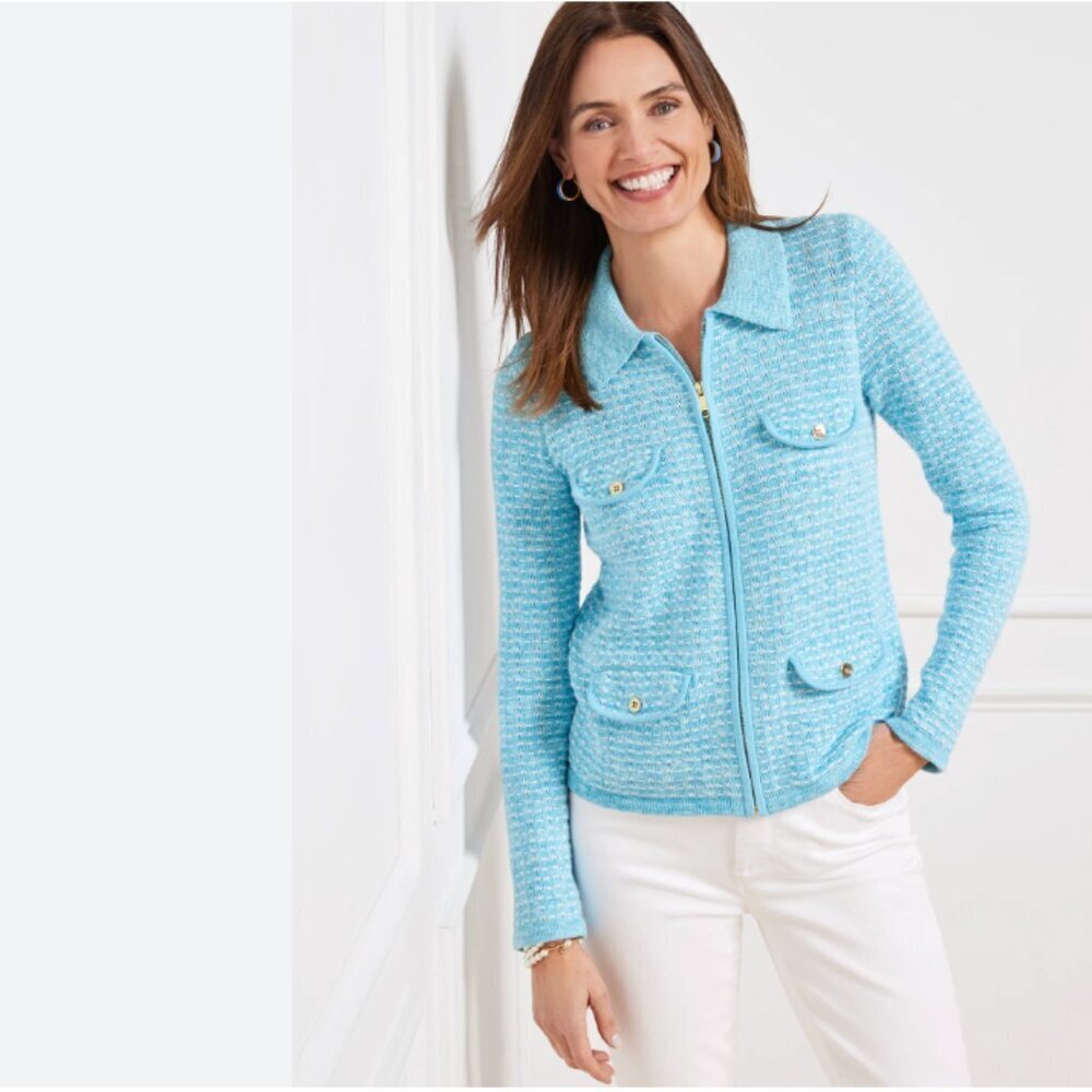 NWT Talbots Collared Zip Cardigan - Dash Stripe - Soft Blue and White, Large